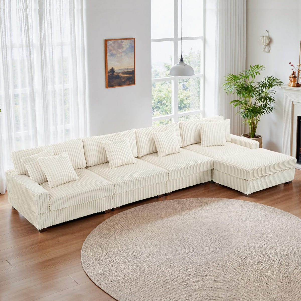 118.3" L-Shaped Modular Sectional Sofa with Chaise, Comfy Corduroy Fluffy Couch with Deep Seat, Flexible Module Combination for Living Room, Cotton Flannel Light Brown