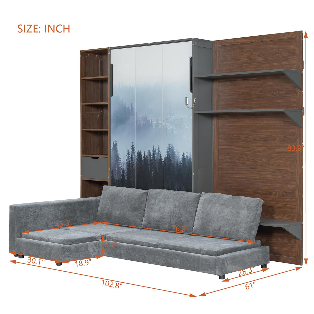 Twin Murphy Bed with Couch, Storage Cabinets, Shelves and USB Port, Gray