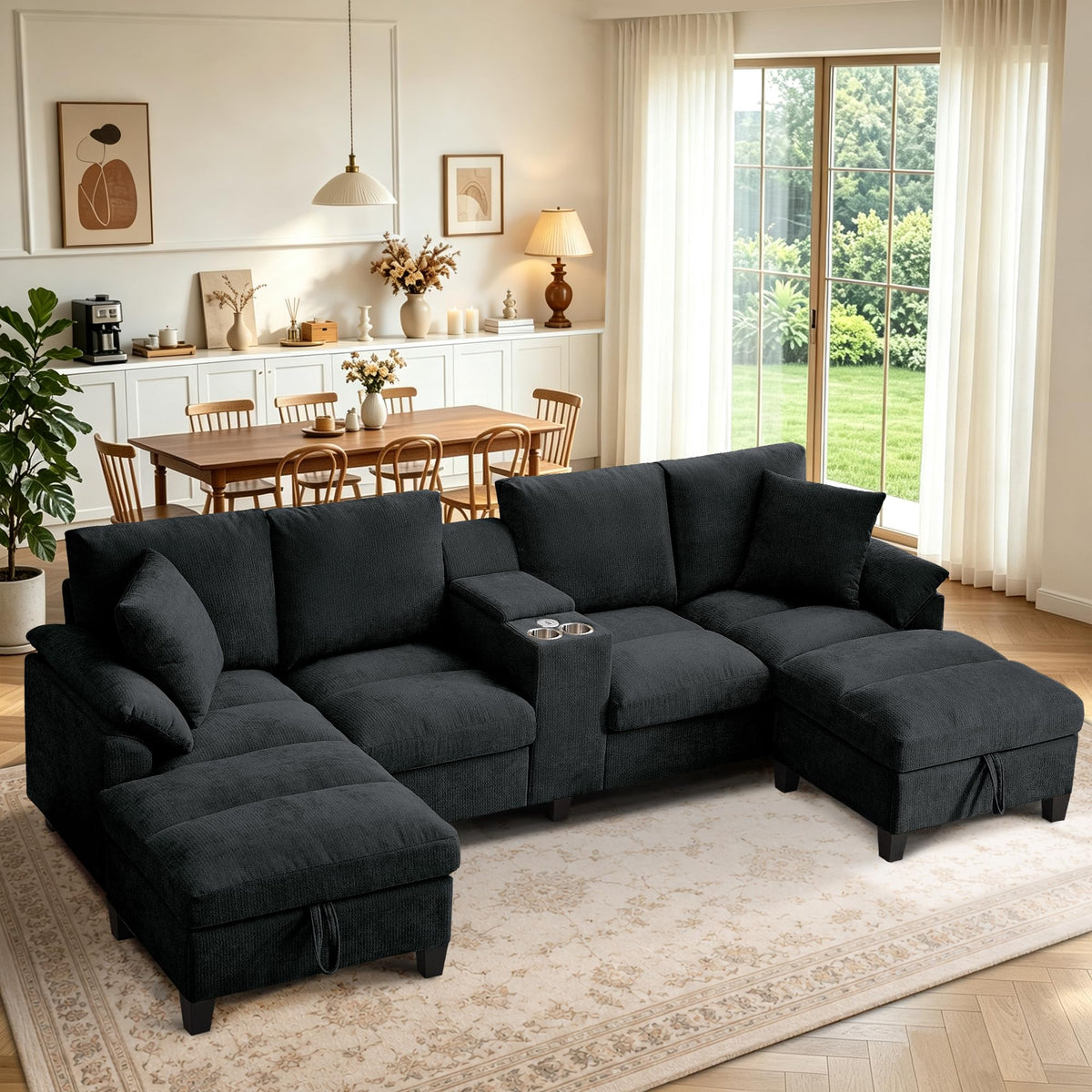 116" U Shaped Couch with Console, Sectional Couch Set with Double Chaise Lounges | Storage Ottoman & Console with USB Ports | 4 Seat Sofa with Cup Holder, Modern Linen Couches for Living Room, Yellow