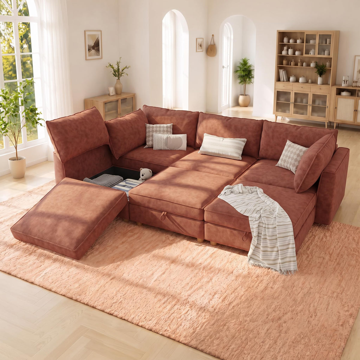 125" Chenille Modular Sectional Sofa Bed Hidden Storage, Convertible L U Shaped Sleeper Couch, 8 Seat Modern Modular Sectional Sofa with Removable Covers & Ottoman Chaise, for Living Room, Beige