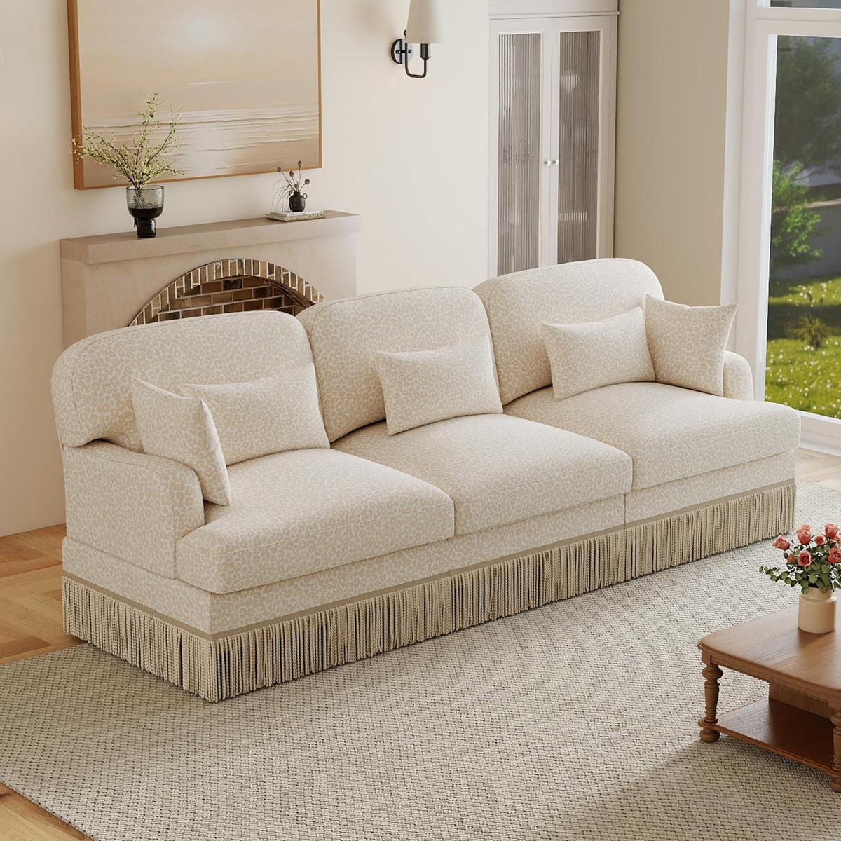 100" Leopard Print Chenille Modular Sectional Sofa with Tassels, L-Shaped Deep Seat Cloud Couch with Ottomans for Living Room, BGE-KHK