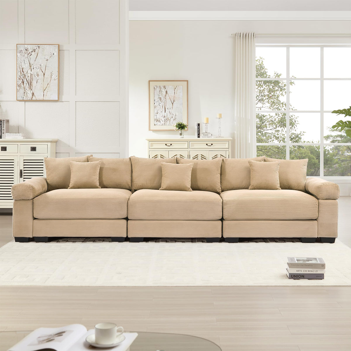 130" Oversized Cloud Modular Sectional Couch,Corduroy 3 Seater Sofa Extra Thick Armrests Good Resilience Cushion Ergonomic Design,Easy Assembly Suitable for Living Rooms Studies,Camel WM213