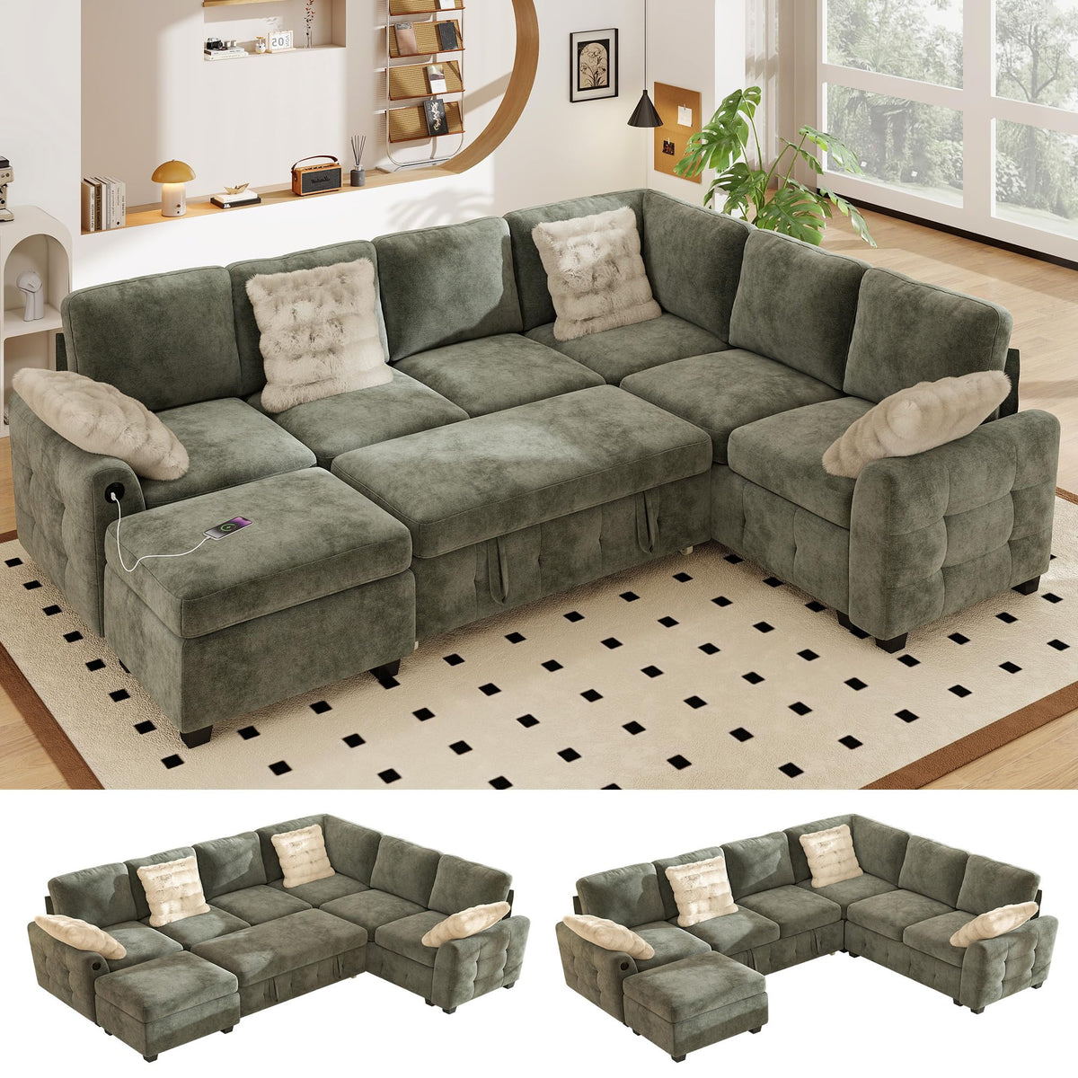 WorthFurni 104" Oversized 6 Seat L Shaped Sectional Sofa, Corduroy Convertible Couch with Pull Out Bed, Movable Storage Ottoman, USB Port, 2 Pillows & Storage Pocket for Living Room（Gray）