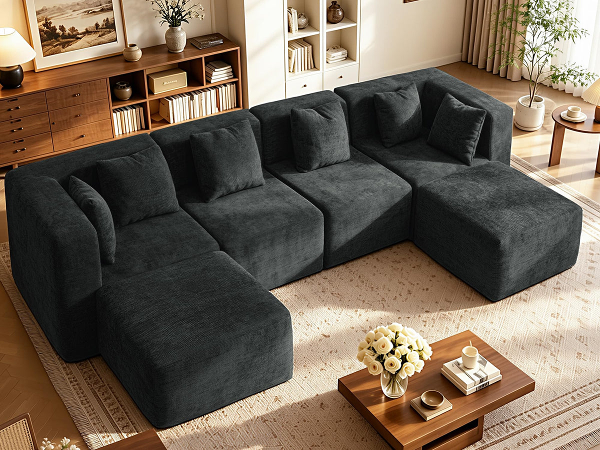 103" Three-Layer Sponge Boneless Couch sectional for Living Room Modular sectional Sofa High-Back 4-Seater L-Shape Couch with Ottoman Memory Foam Waterproof Chenille Black