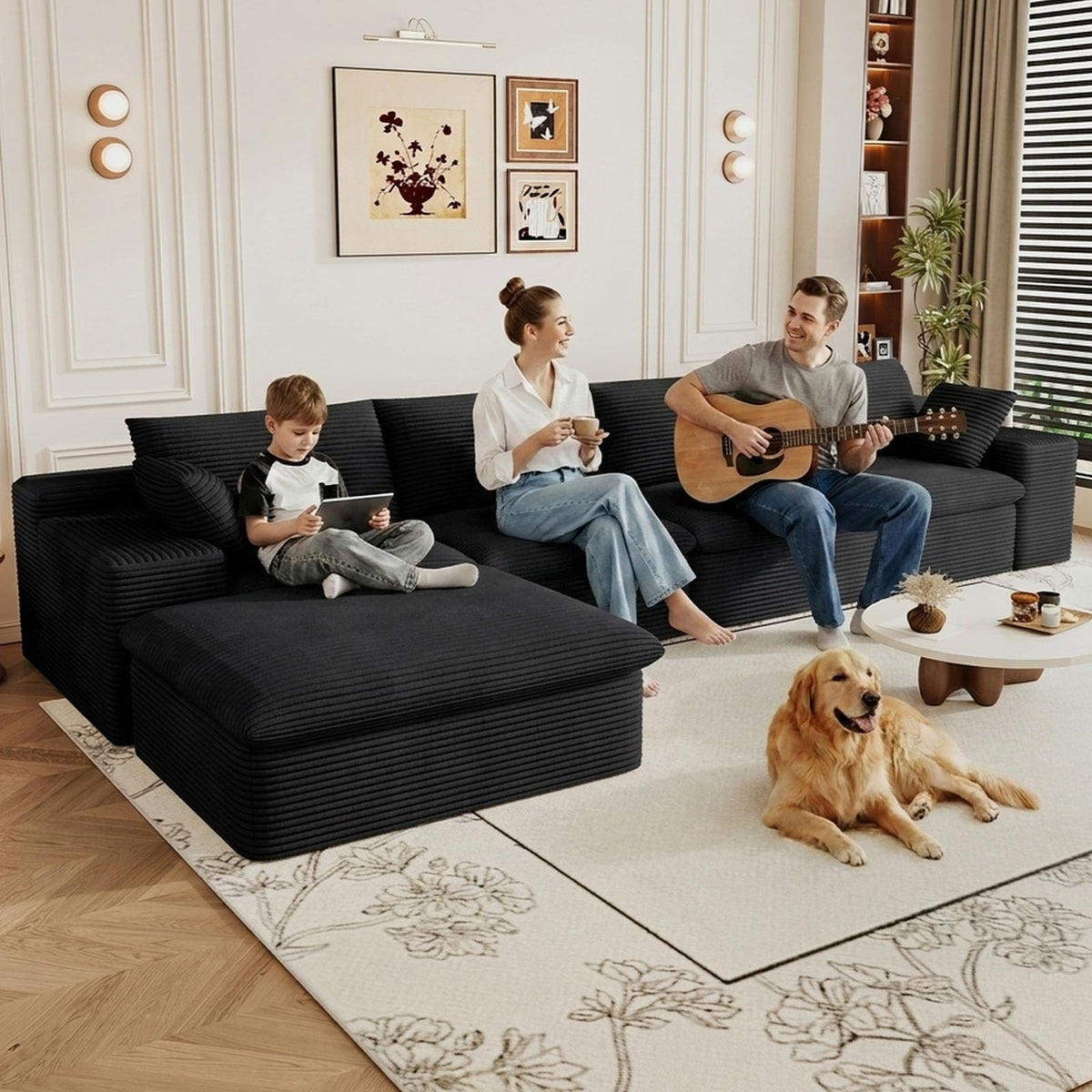 107" Cloud Couch Modular Sectional Couchs with Chaise Lounge, U-Shape Boneless Couches with Ottoman for Living Room, Corduroy Sofa with Deep Seat, No Assembly Required (Green, Left Facing Chaise)
