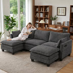 108" Modular Sectional Sofa Cloud Couch - U Shape Sofa with Charging Station Side Storage - Chenille Comfy Couches with Ottoman Movable for Living Room Bedroom Apartment Office, Dark Grey