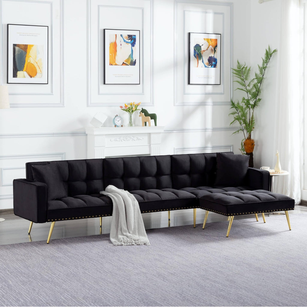 107in Sectional Sleeper Sofa with Split Back, Velvet, Golden Metal Legs, 5 Adjustable Positions, 2 Toss Pillows