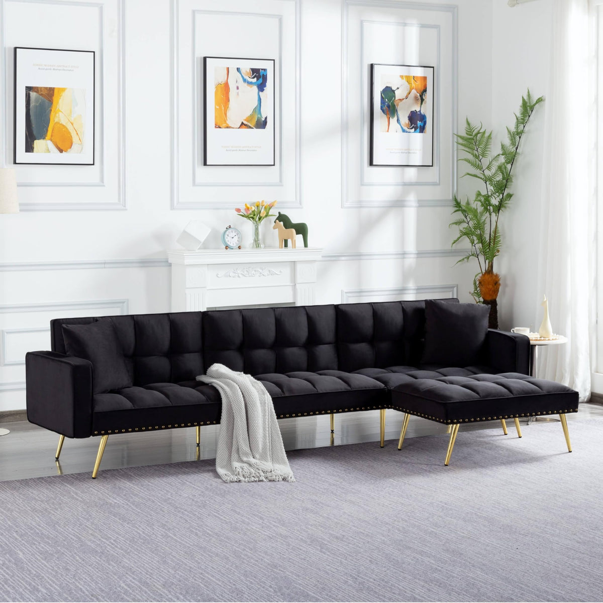 107in Sectional Sleeper Sofa with Split Back, Velvet, Golden Metal Legs, 5 Adjustable Positions, 2 Toss Pillows