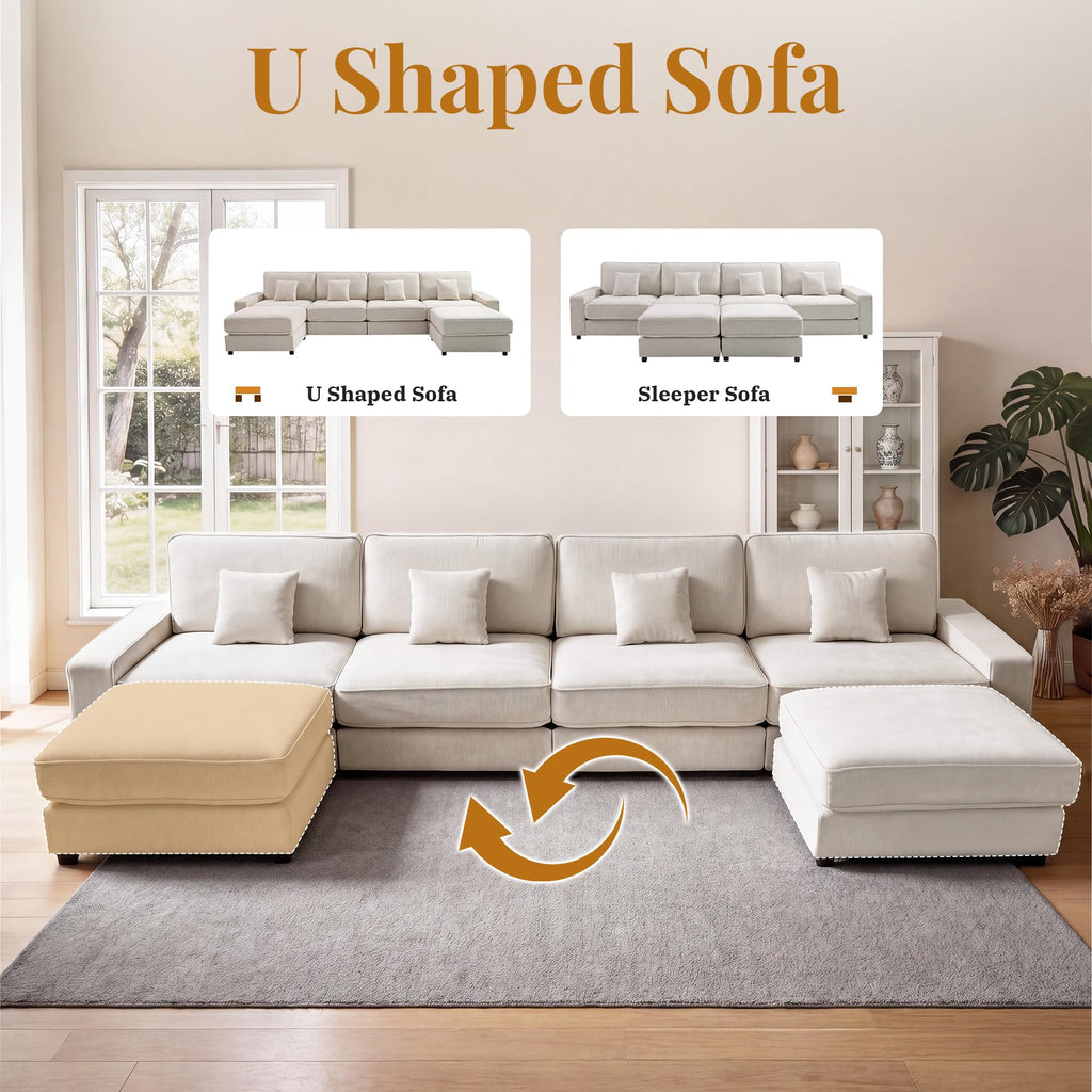 Vipbear 148" Modular Sectional U Shaped Sofa Couches,for Living Room,Oversized Cloud Couch with Movable Ottoman,Comfy Chenille Sofa with Pillow,Side Pockets,Bedroom,Apartment,Beige