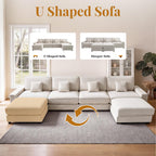 Vipbear 148" Modular Sectional U Shaped Sofa Couches,for Living Room,Oversized Cloud Couch with Movable Ottoman,Comfy Chenille Sofa with Pillow,Side Pockets,Bedroom,Apartment,Beige