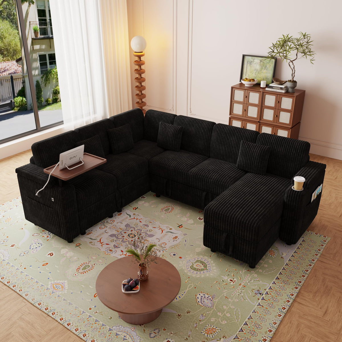 100'' Modular Sectional Sleeper Sofa, Reclining Corduroy Couch, Green