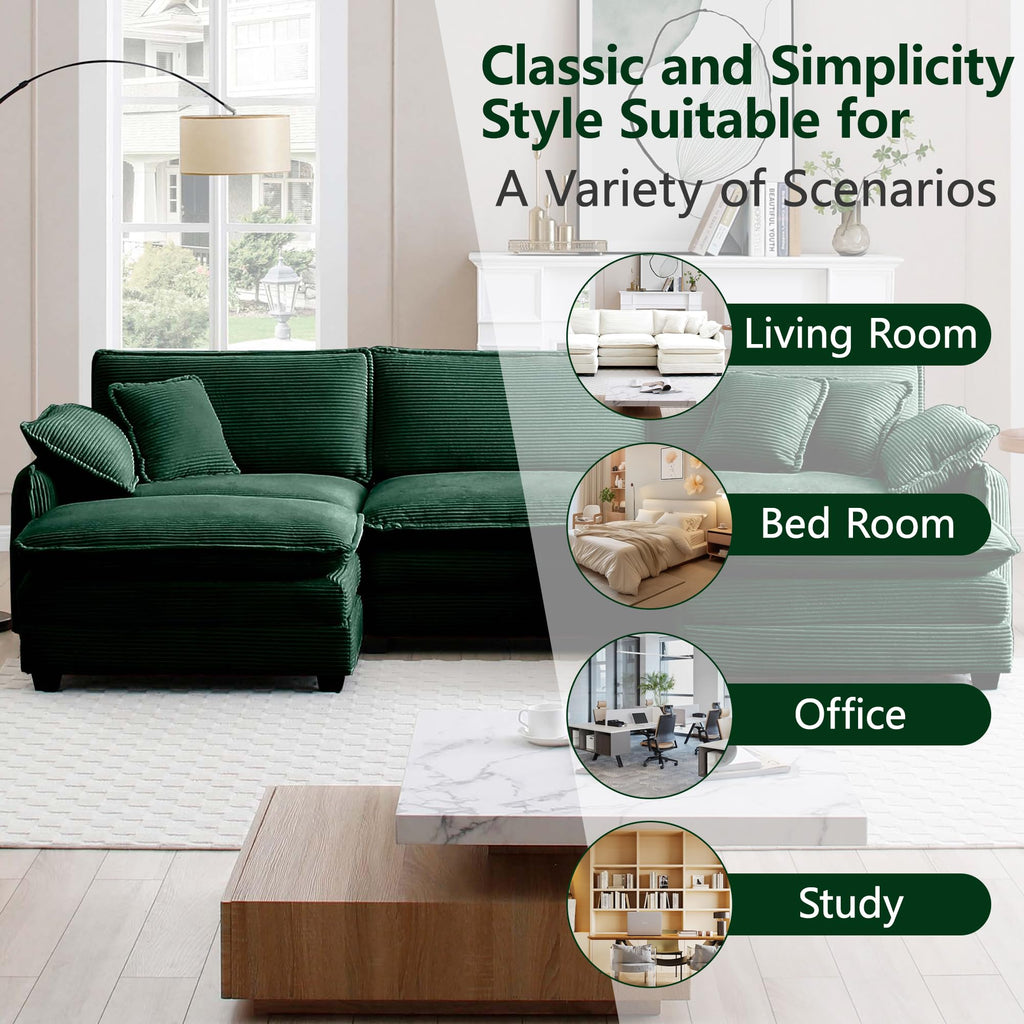 115" Oversize Modular Cloud Couch Sectional - Deep Seat U-Shaped Sofa, 3 Seats with 2 Ottomans,Pet-Friendly Fabric,Green Corduroy