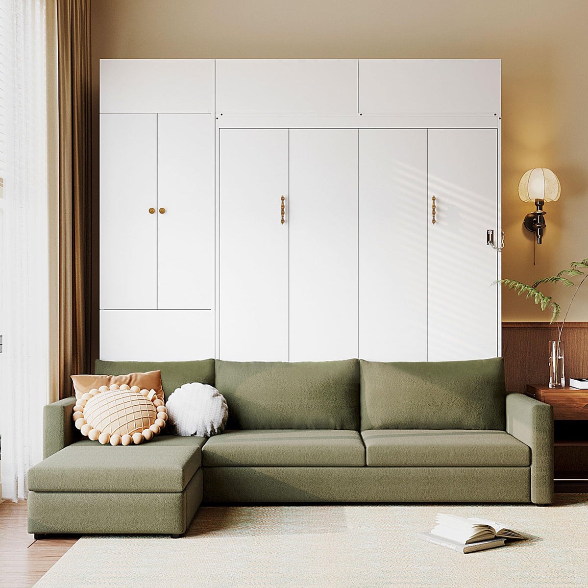 Twin Size Murphy Bed with Open Shelving, Sofa Front and Printed Panel