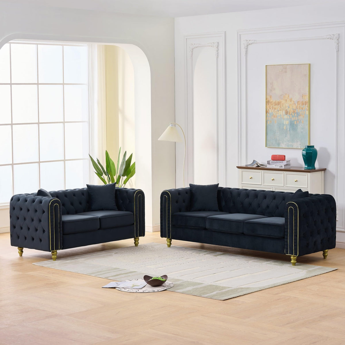 Velvet Chesterfield Sofa Set of 2, Mid Century Modern Deep Seat Loveseat + 3 Seater Couch with Golden Legs and Button Tufted, Upholstered Comfy Sofa with 2 Pillows for Living Room, Black Gold