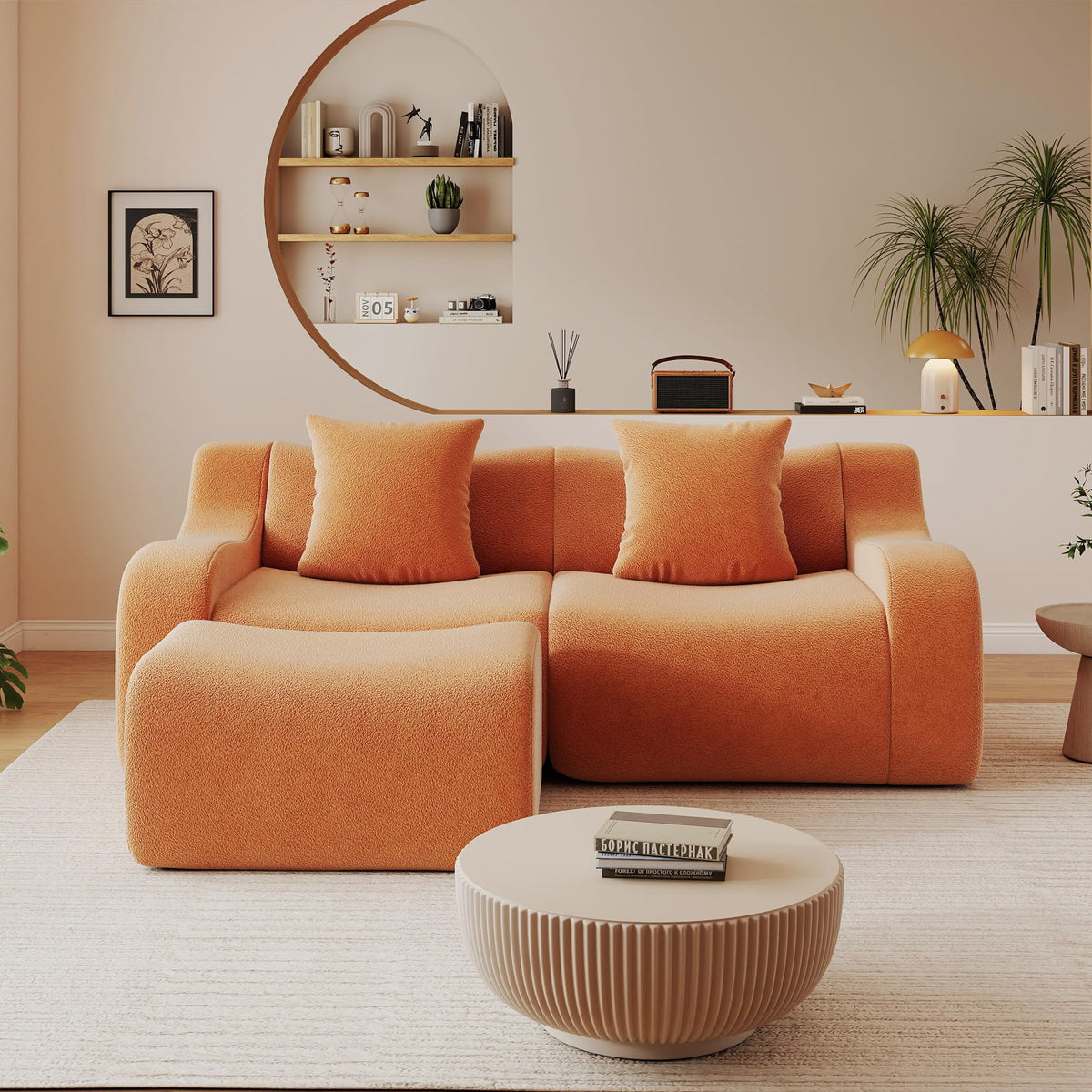 115.3" Modular Sectional Couches for Living Room, Teddy Deep Seat Sofa, 3 Seater Boneless Couch with 2 Ottoman,Orange