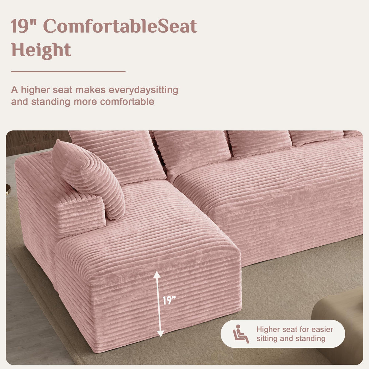 131" Oversized Cloud‑Style Boneless Sofa, Pink