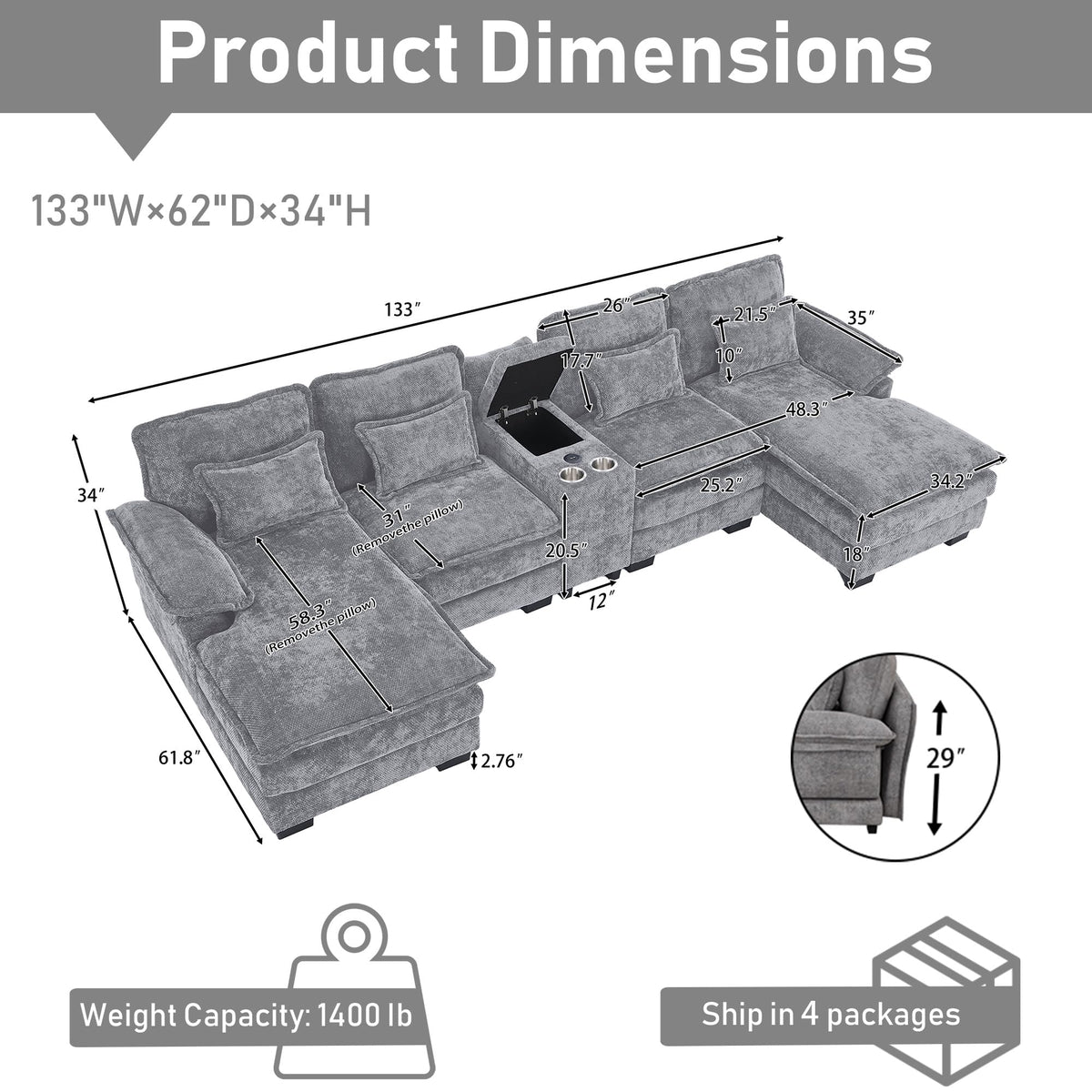 133" U Shaped Sectional Sofa with Double Chaise and Console, Grey