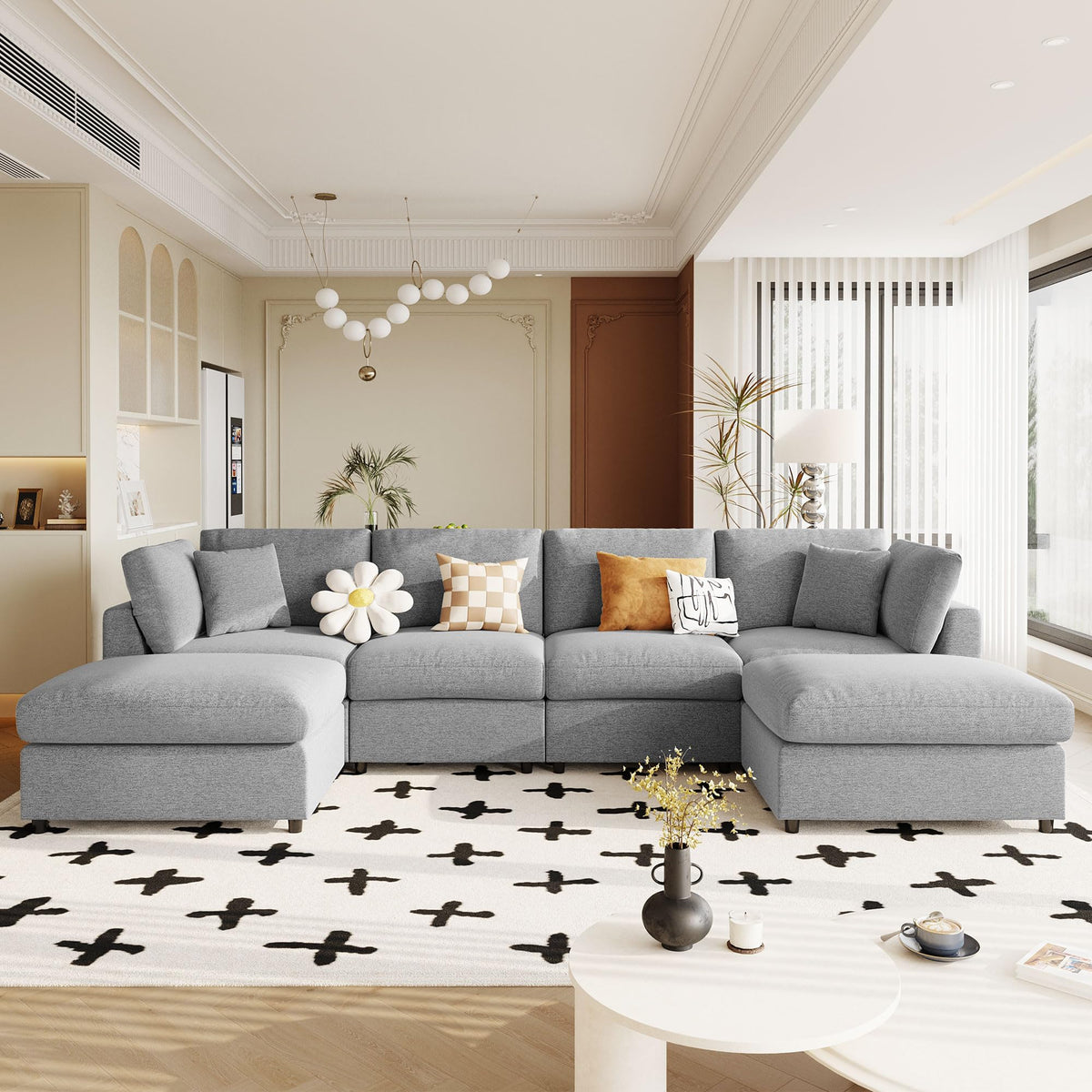 128" U-Shaped Modular Sectional Sofa w/ 2 Ottomans, Chenille Fabric, Beige