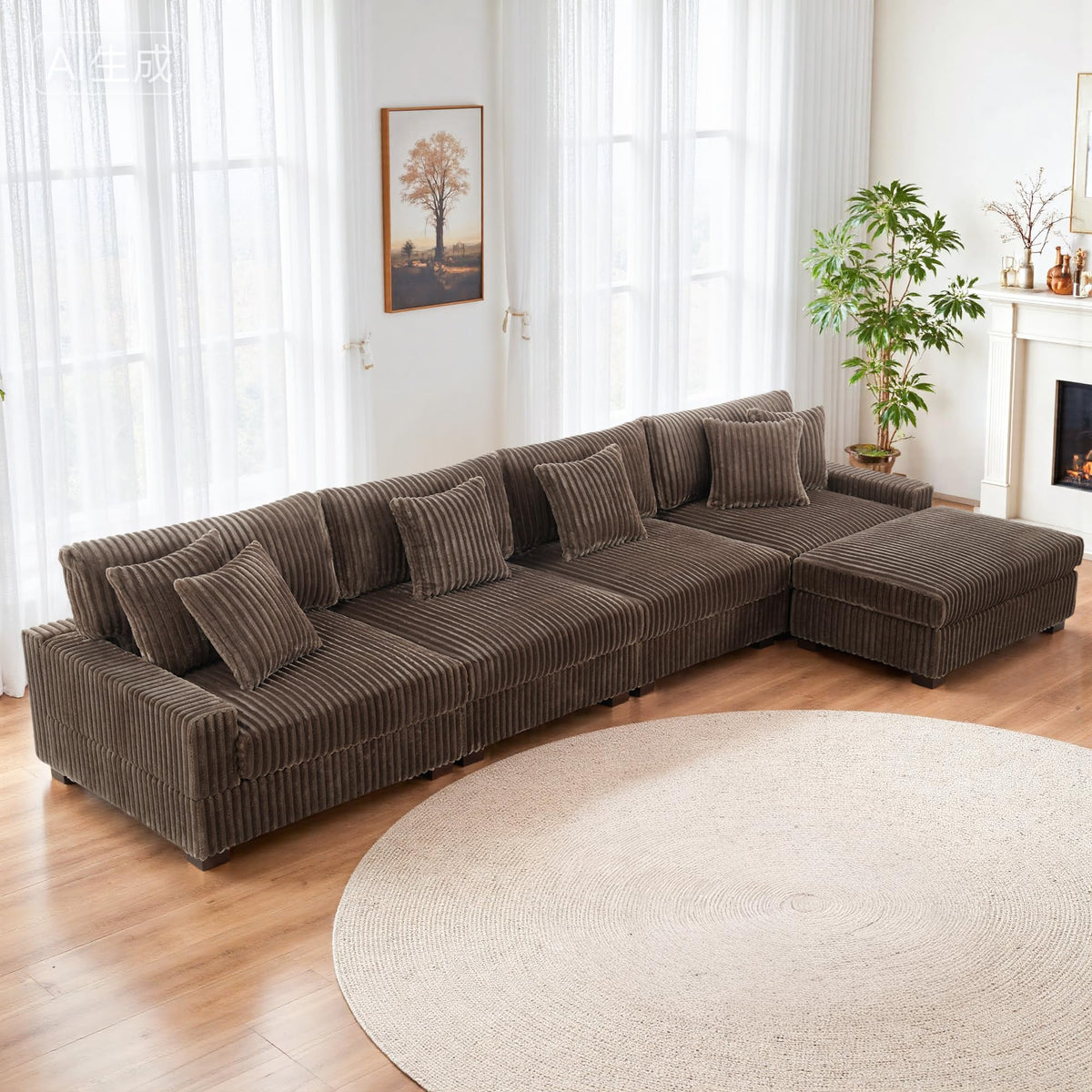 118.3" L-Shaped Modular Sectional Sofa with Chaise, Comfy Corduroy Fluffy Couch with Deep Seat, Flexible Module Combination for Living Room, Cotton Flannel Light Brown