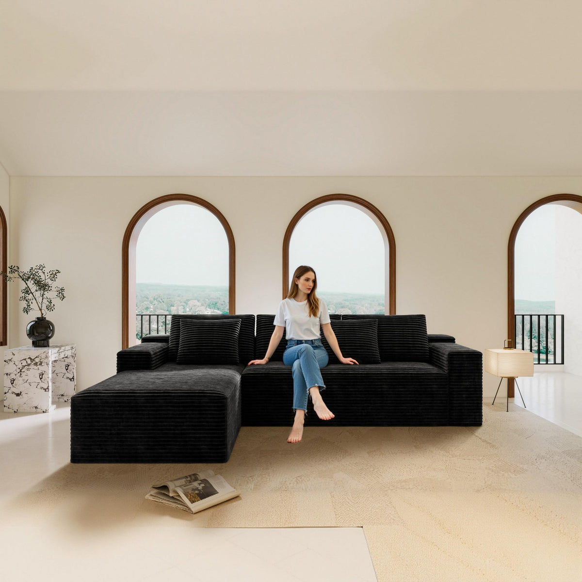 104.3" Cloud Sectional Couch with L Shape Chaise,Modular Sofa with Deep Seat, Upholstered Couches for Living Room Bedroom,No Assembly Required, Black(Plush Corduroy Fabric)