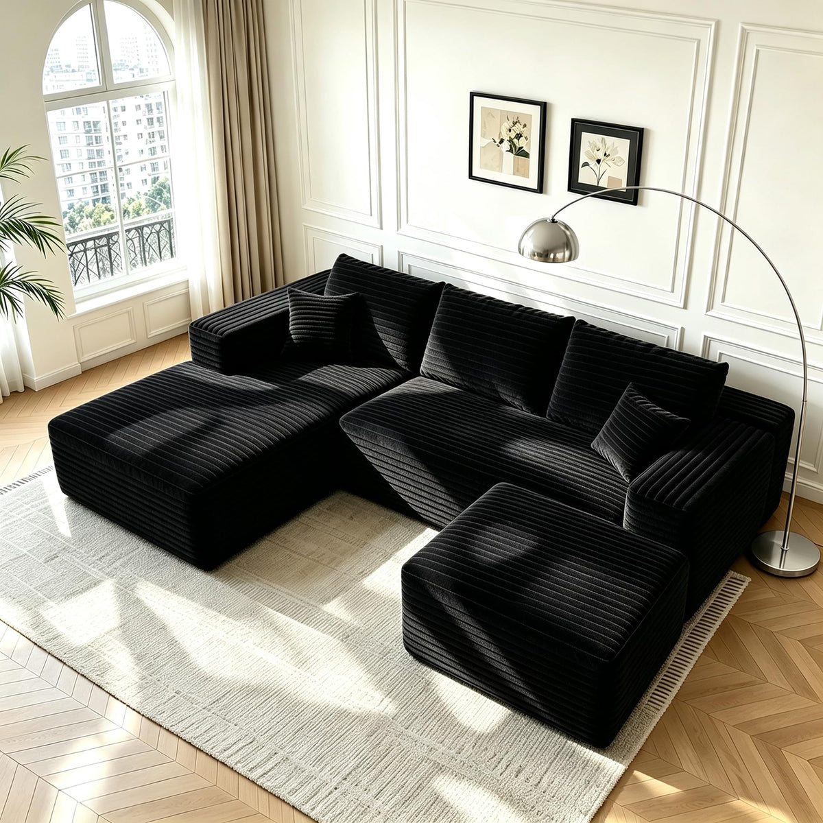 107" U-Shaped Cloud Sectional Couch with Ottoman for Living Room, Boneless Sofa, Compressed Sofa, No Assembly Required, Black Corduroy, Right Chaise