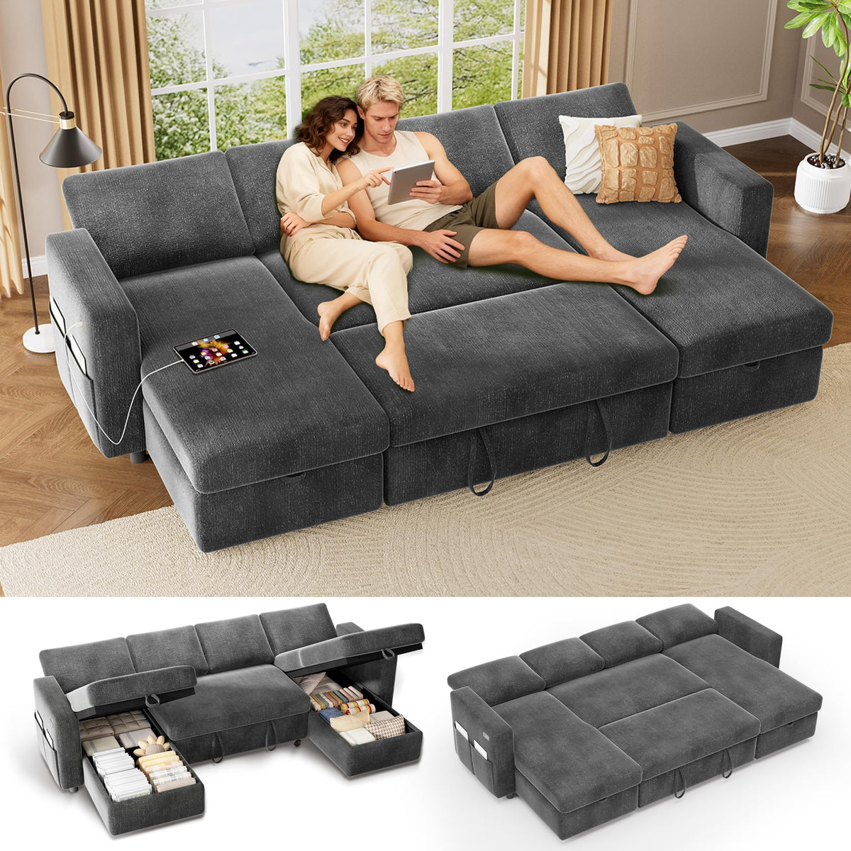 Vipbear 106" Sectional Sleeper Sofa with Pull Out Bed, U Shaped Couch Sleeper Sofa Bed, Pull Out Couch with Reclining Backrest, Double Storage Chaise, USB Ports, Tool-Free Assembly, Chenille Grey