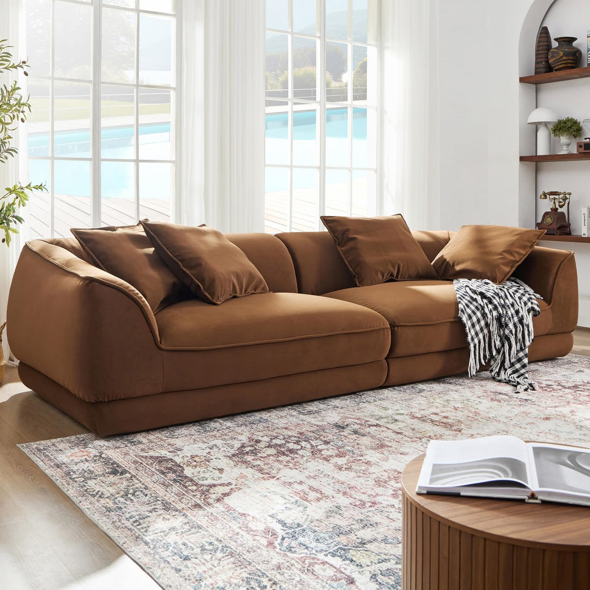 110" Modern Velvet Sofa, Luxury Curved Couch, Comfy Fluffy Cloud Sofa Deep Seat, Oversized Modular Sectional Sofa, Minimalist Memory Foam Upholstery Sofa for Living Room Office Apartment, Beige