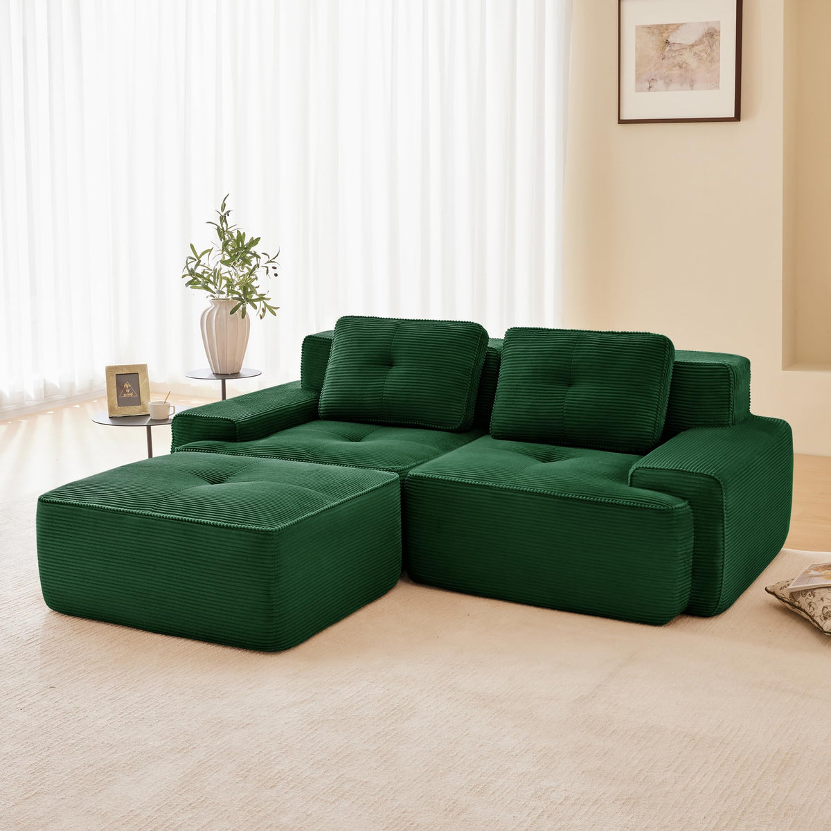 Tidyard 8? Modern L-Shaped Modular Sectional Sofa for Living Room, Corduroy Fabric 2-Seater with Deep Seat, Movable Ottoman, Tufted Design, No Assembly, Anti-Slip Base, Green