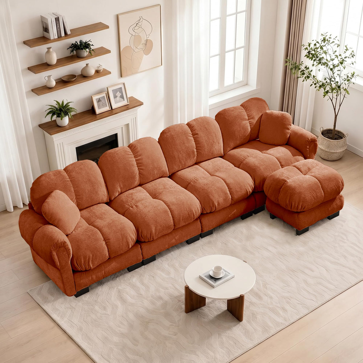 103.9" Modular Cloud Couch, Oversize U-Shaped Sectional Sofa with Ottoman, Deep Seat Chenille Couch, Anti-Slip Design, Modern 3-Seater Sofa for Living Room/Apartment/Bedroom, Brown
