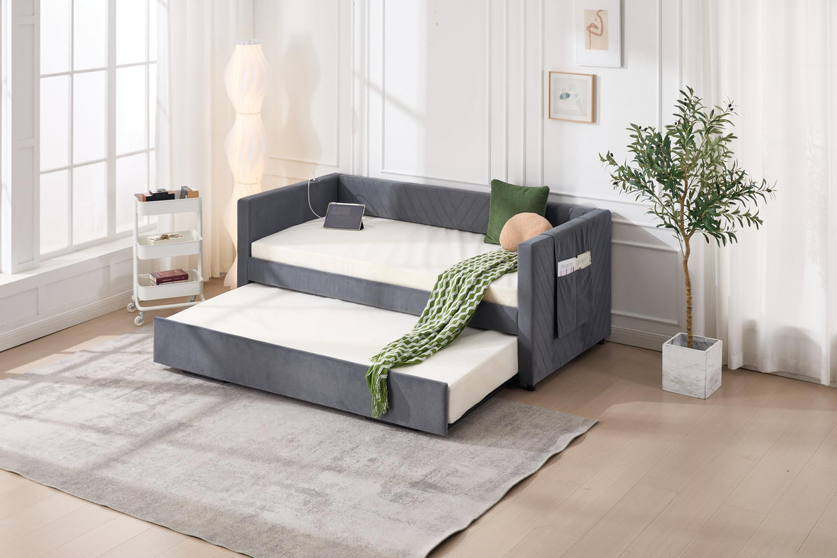 Twin Size Upholstered Daybed with Trundle,USB Port,Side Pockets, V Grained backrest Design,No Box Spring Needed, for Bedroom, Guest Room (Grey, Twin)