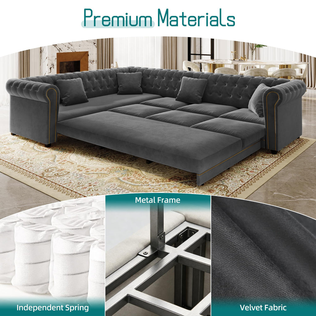 115'' Velvet L-Shaped Convertible Button Tufted Sleeper Sofa Couch, Luxury Oversized Pull-Out Sofa Bed with Gold Trim Rolled Arms and Throw Pillows for Living Room