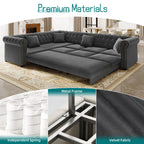 115'' Velvet L-Shaped Convertible Button Tufted Sleeper Sofa Couch, Luxury Oversized Pull-Out Sofa Bed with Gold Trim Rolled Arms and Throw Pillows for Living Room