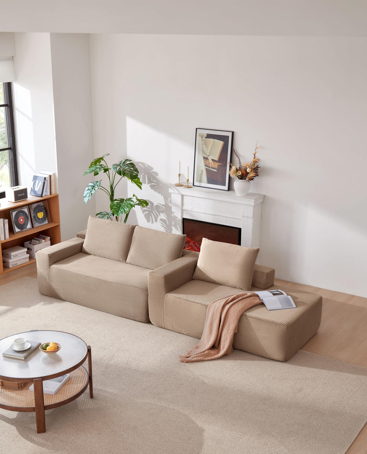 105" Cloud Sectional Couch with L Shape Chaise,Modular Sofa with Deep Seat, Upholstered Couches for Living Room Bedroom,No Assembly Required, (Corduroy Fabric),Camel BZ617