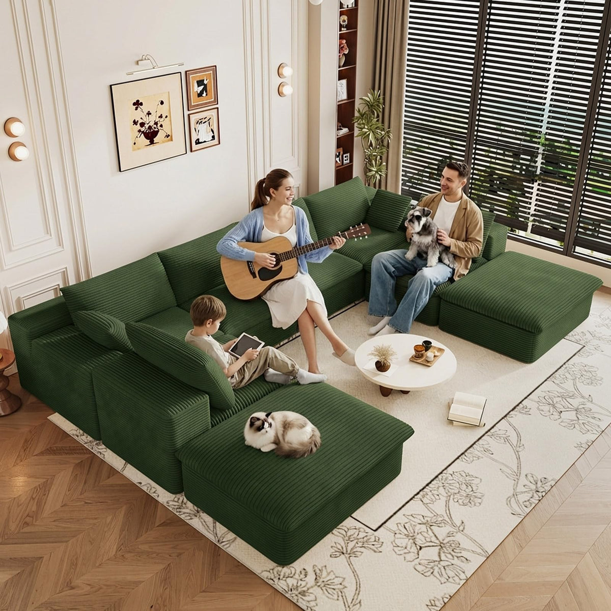 107" Cloud Couch Modular Sectional Couchs with Chaise Lounge, U-Shape Boneless Couches with Ottoman for Living Room, Corduroy Sofa with Deep Seat, No Assembly Required (Green, Left Facing Chaise)