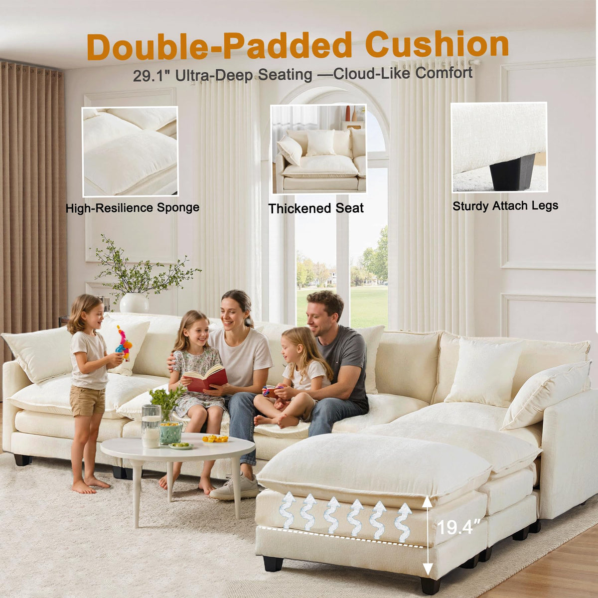 U-Shaped Cloud Chenille Sectional with 2 Ottomans, 146" Modular Sofa for Large Spaces, Ultimate Comfort with Deep Seats & Pillows, Solid Frame, 1YR Warranty, Beige