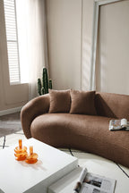 102'' Modern Minimalist Curved Lounge Sofa Oversized Teddy Velvet Fabric Upholstered 5-Seater Comfortable Half-Moon Sofa with 4 Cushions for Offices, Apartments and Living Rooms (Brown + Boucle)