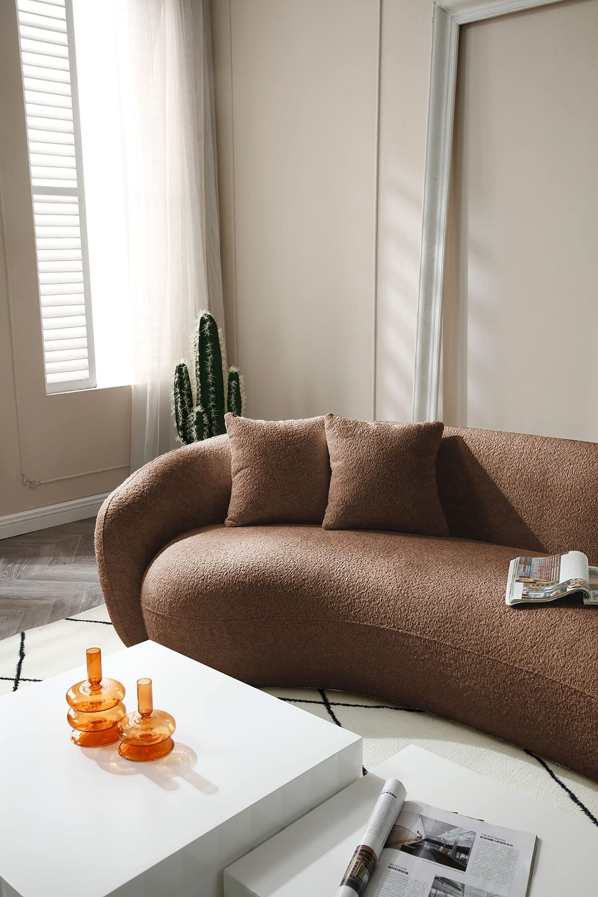 102'' Modern Minimalist Curved Lounge Sofa Oversized Teddy Velvet Fabric Upholstered 5-Seater Comfortable Half-Moon Sofa with 4 Cushions for Offices, Apartments and Living Rooms (Brown + Boucle)
