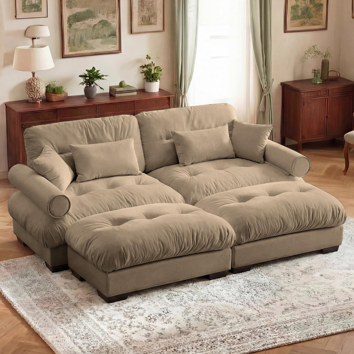 130" Cloud Couch, Oversized 3-Seater Couch with Ottomans and Pillows, Deep Seat L Shaped Sofa, Comfy Velvet Fluffy Sofas Modular Sectional Couches for Living Room (Blue, 3 Seat + 1 Ottoman)