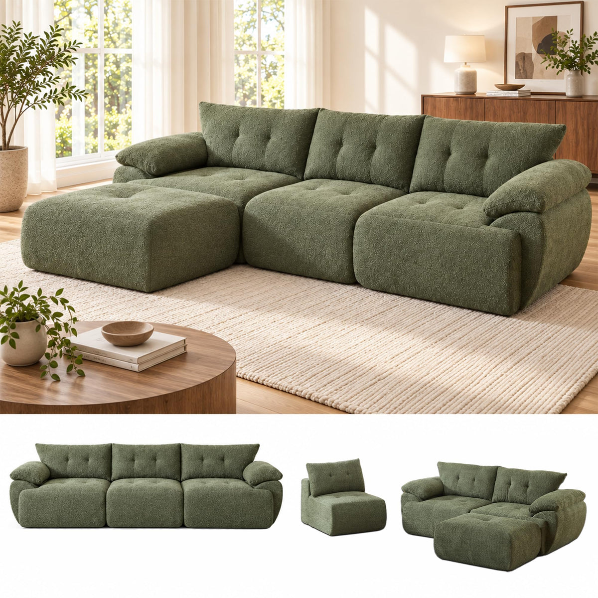 115" Boneless Modular Sectional Couch with Ottoman for Living Room