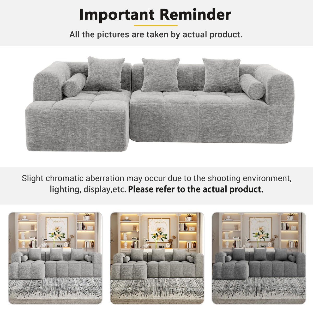 101.2" L-Shaped Sectional Sofa | Chaise Deep Seat | Chenille 3-Seater Sofa with Pillows & 2 Side Pockets| Light Grey Living Room Furniture| Modular Compressed Couch