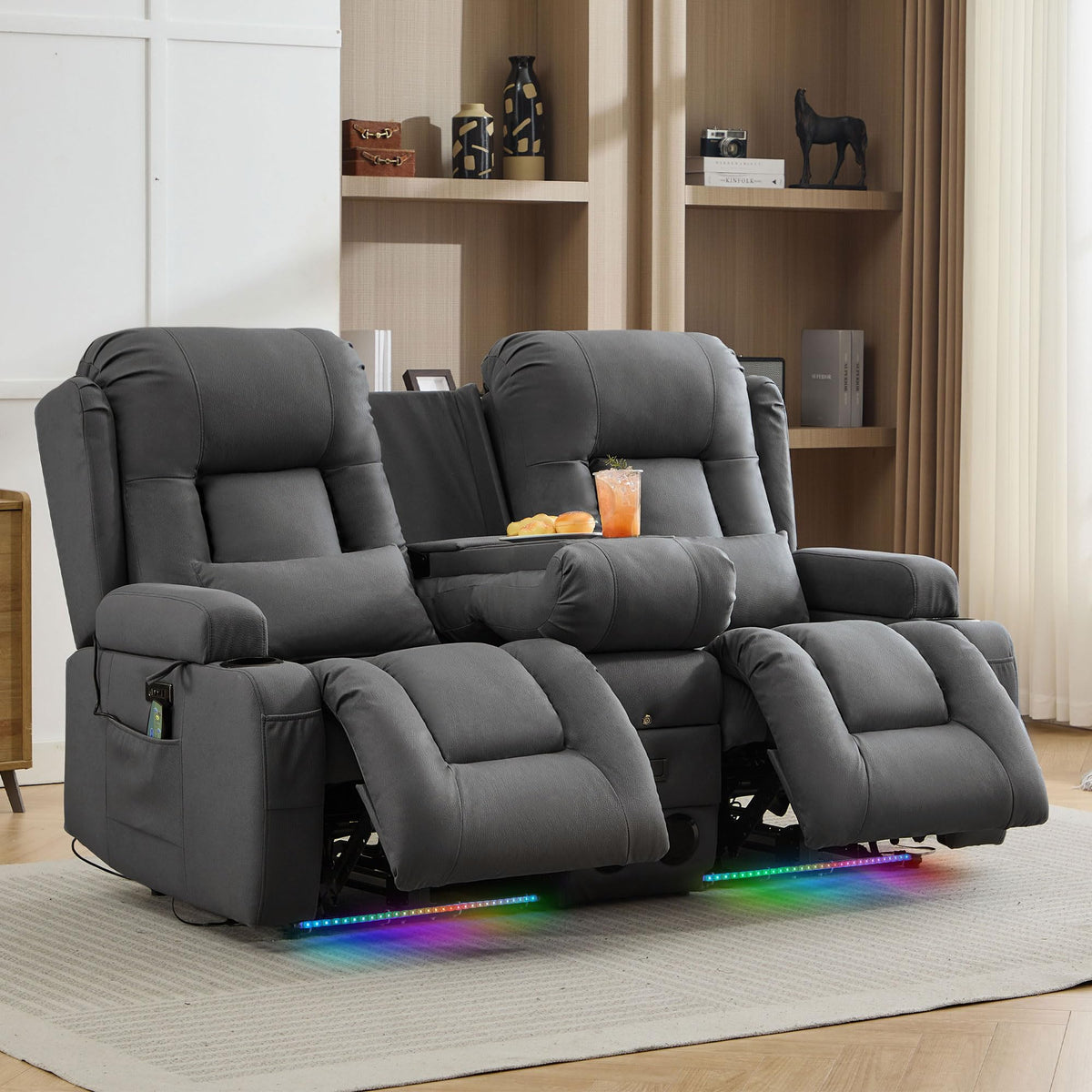 TUNYI Wall Hugger Loveseat Recliner Sofa with Console, Power Reclining Loveseat RV Couch with Massage & Heat/USB/Outlet/Storage/LED Light/Speaker (Blue, 2 Seat with Console)