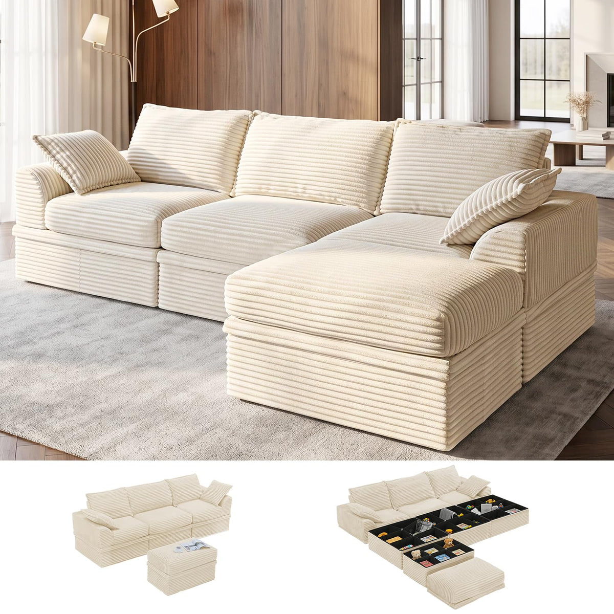 Upgraded Boneless Couch with Storage, 107" Modular Sectional Sofa Couches for Living Room, Extra Deep&High 3 Seater U-Shaped Boneless Sofa with Ottoman, Tool-Free Assembly, Black