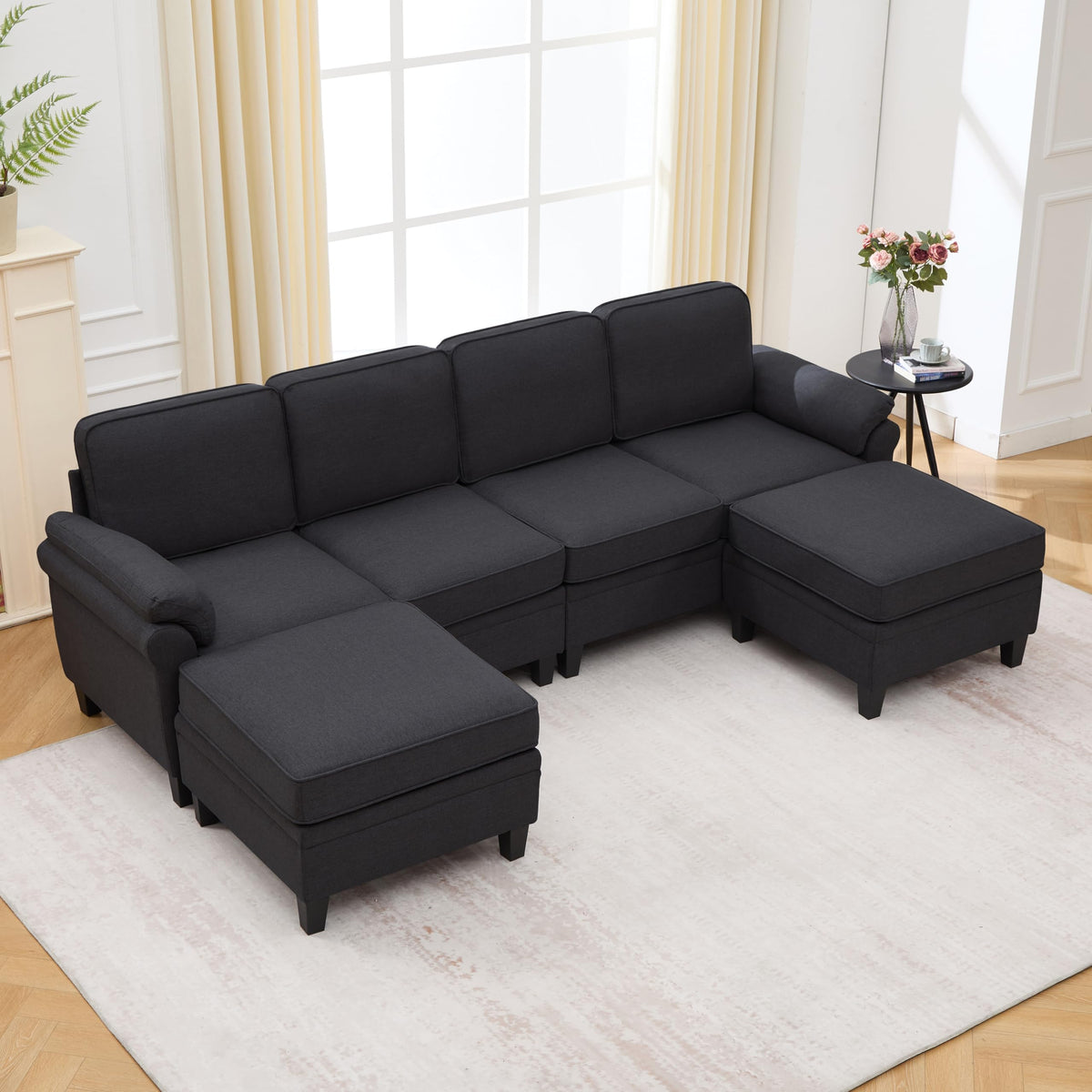 102 Inch Modular L-Shaped Sofa with Storage, Black Linen Fabric Sectional