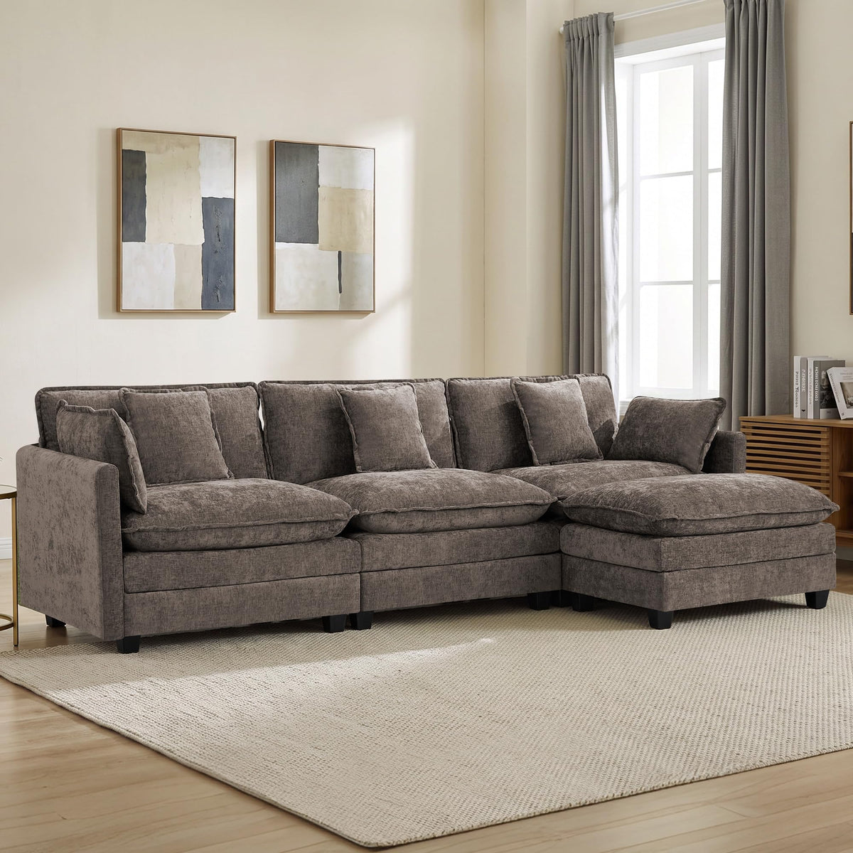 113" V-Shaped Cloud Couch, Modular Sectional for Living Room, Light Grey