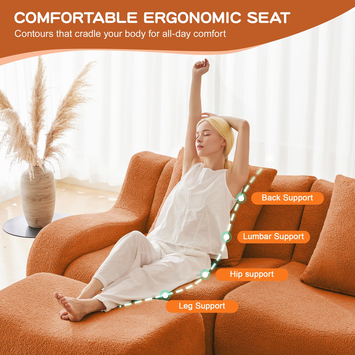 Tidyard U-Shaped Soft Teddy Fabric Sectional Sofa, No Assembly Required, Curved Armrest, Anti-Slip Base, 32D High-Density Sponge, Orange Living Room Couch for Reading Nook
