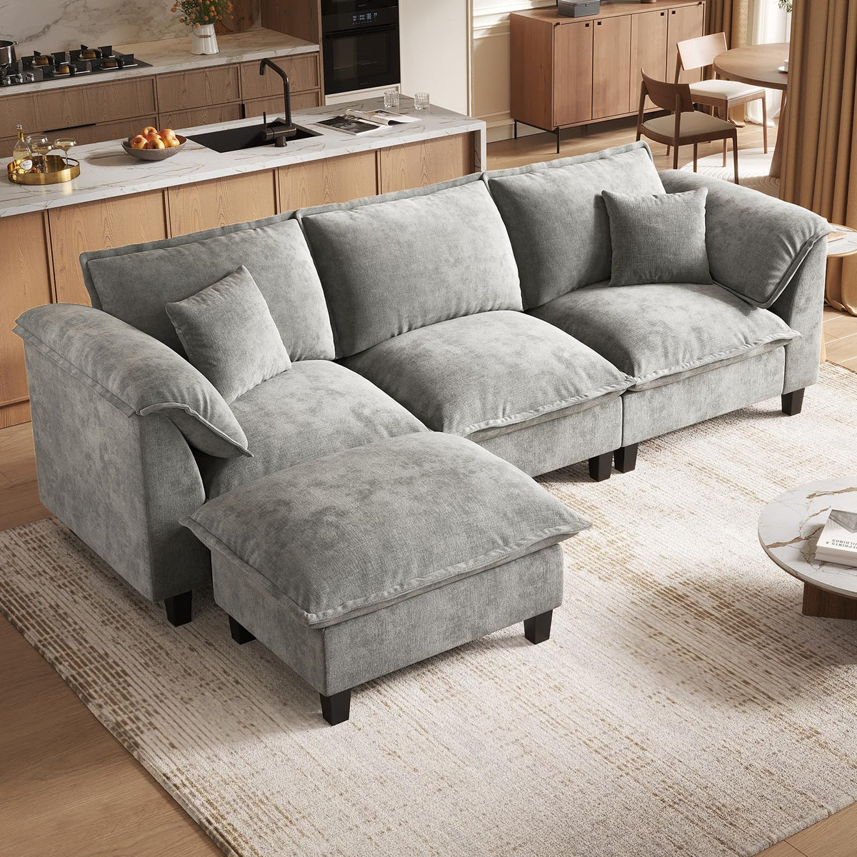 112'' Modular Sectional Sofa with Ottoman, 3-Seat Chenille L-Shaped Couch with Washable Cushion Covers, Curved Padded Armrests, Comfy Upholstered Sofa for Living Room, Gray