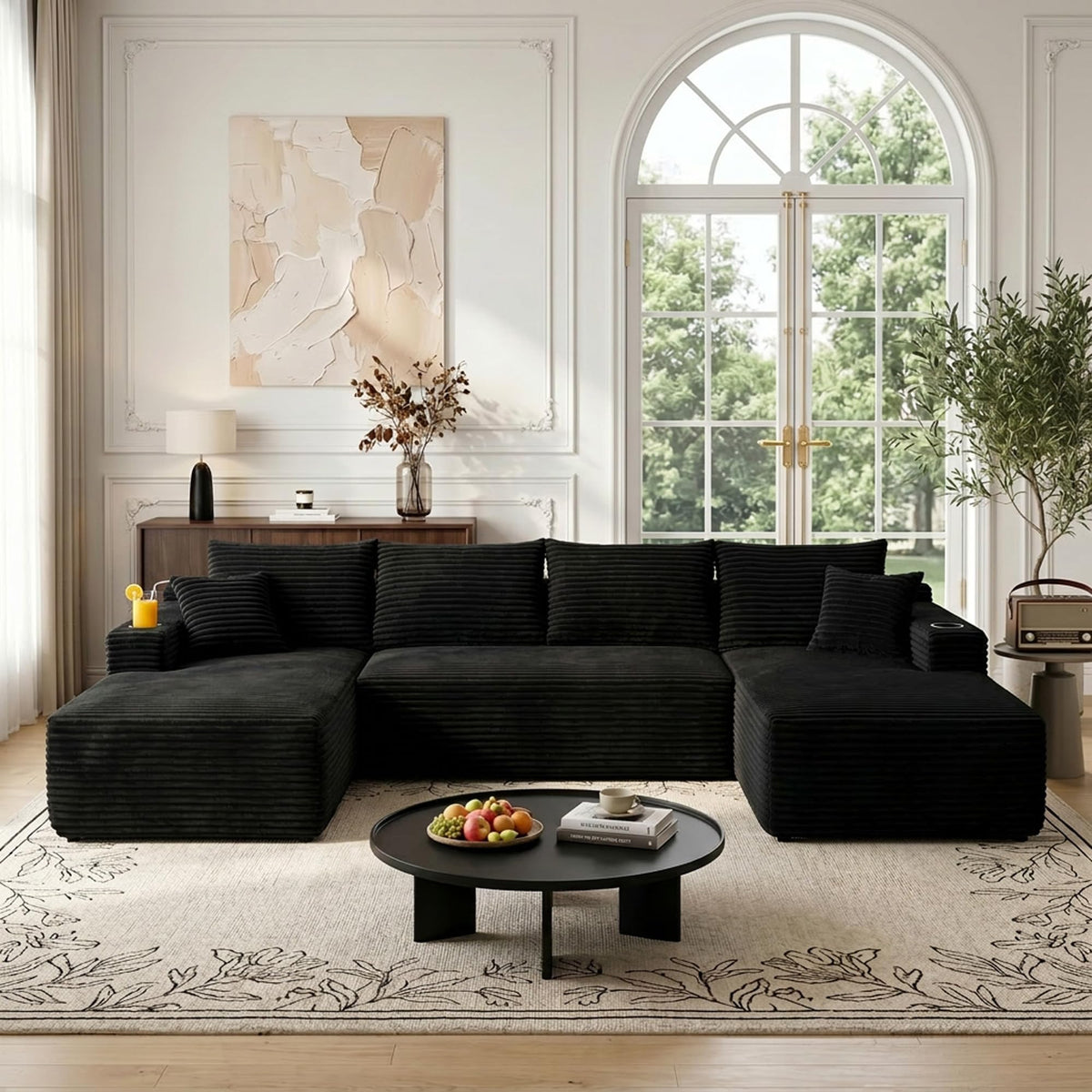 134 inch Modular Sectional Sofa for Living Room, Oversized U-Shaped Cloud Couch with Deep Seat, 5-Seat Boneless Couch with 2 Storage Pockets & 2 Cup Holders, No Assembly Required (Black)