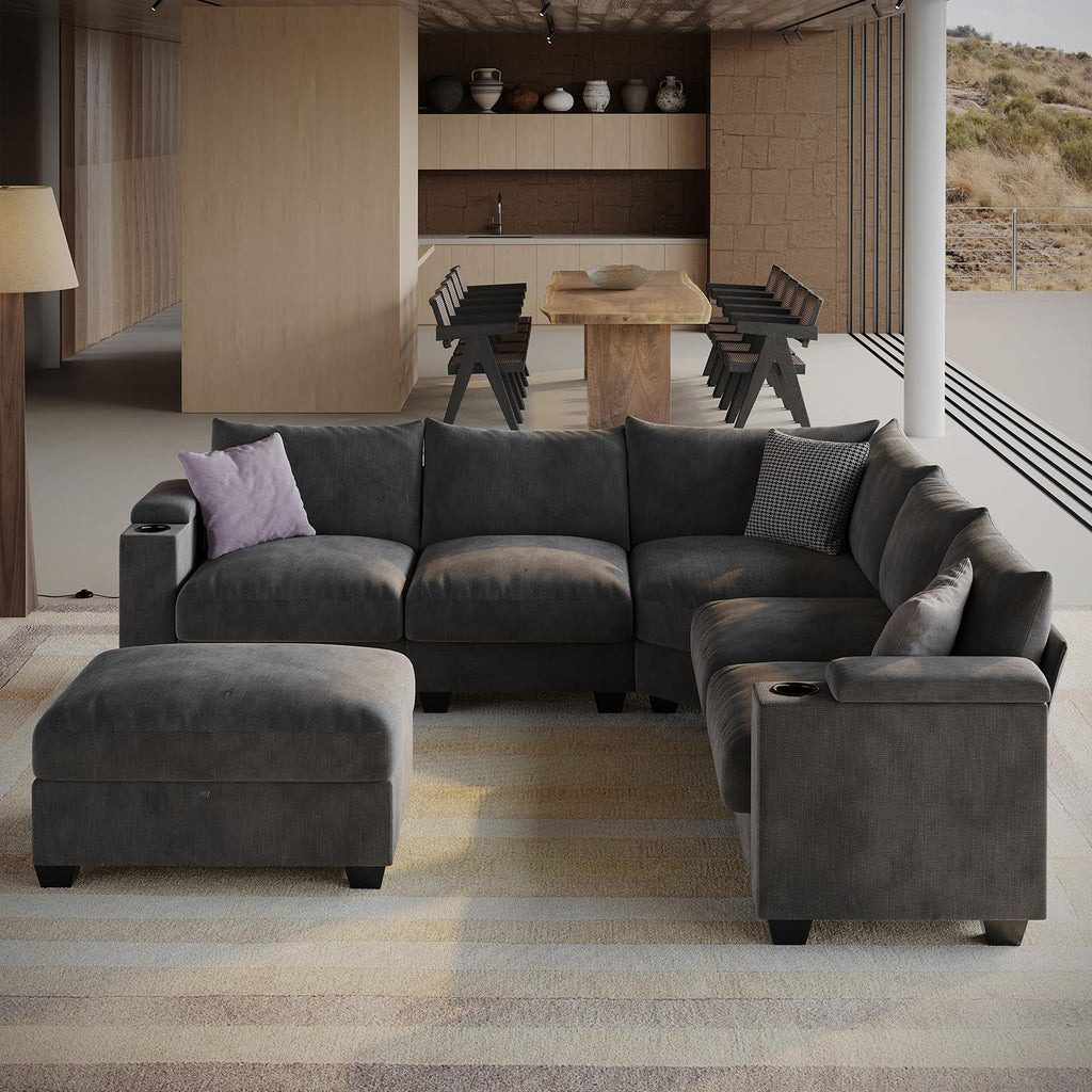 107.1" L-Shaped Modular Sectional Sofa with Storage Ottomans, 6-Seat Deep Seat Sofa with Armrest Storage, Cup Holders & USB Type-C Charging, Sectional Couches for Living Room (Grey)