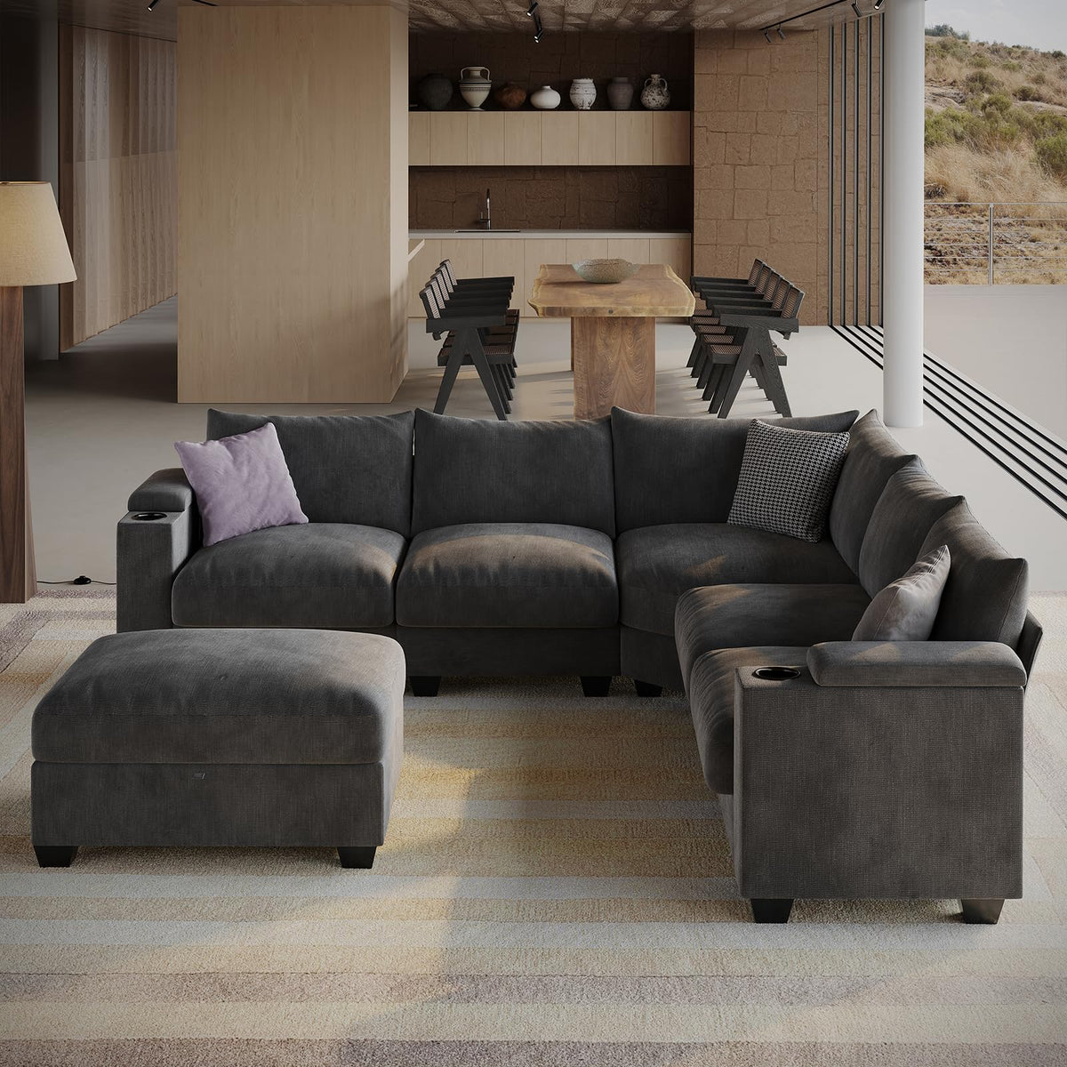 107.1" L-Shaped Modular Sectional Sofa with Storage Ottomans, 6-Seat Deep Seat Sofa with Armrest Storage, Cup Holders & USB Type-C Charging, Sectional Couches for Living Room (Grey)