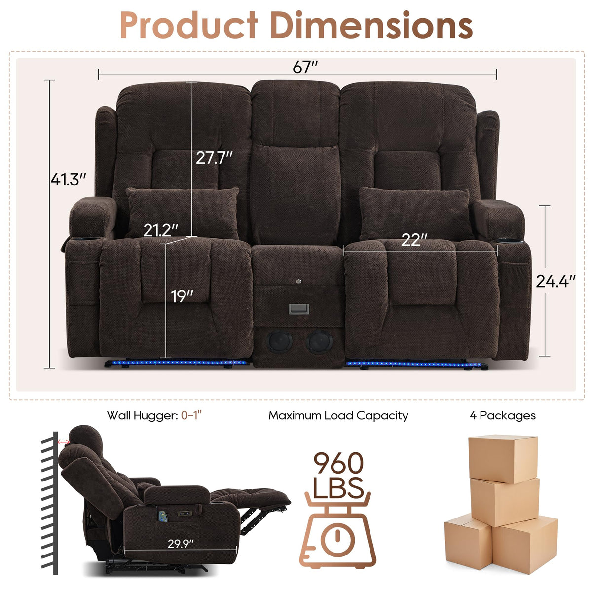 TUNYI Wall Hugger Home Theater Seating, Power Loveseat Recliner Sofa